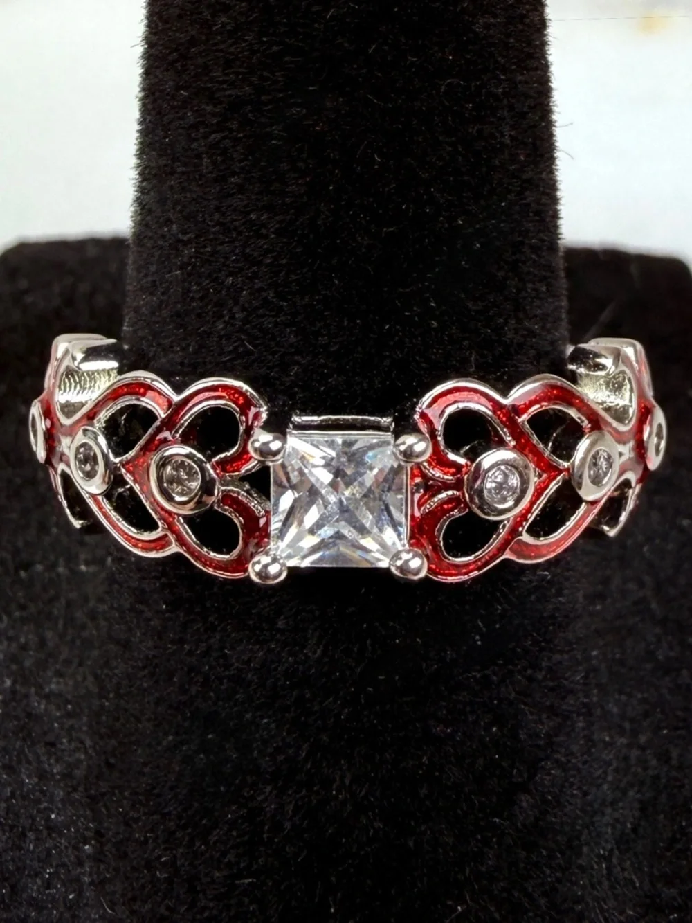 Beautiful, silvertone, red enamel, heart, clear, bling costume ring size 8